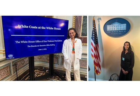 Lena Makaroun, MD, MS attending the White House Gun Violence Prevention Event (left) and Sonya Borrero, MD, MS attending the White House Convening on Access to Contraception (right)